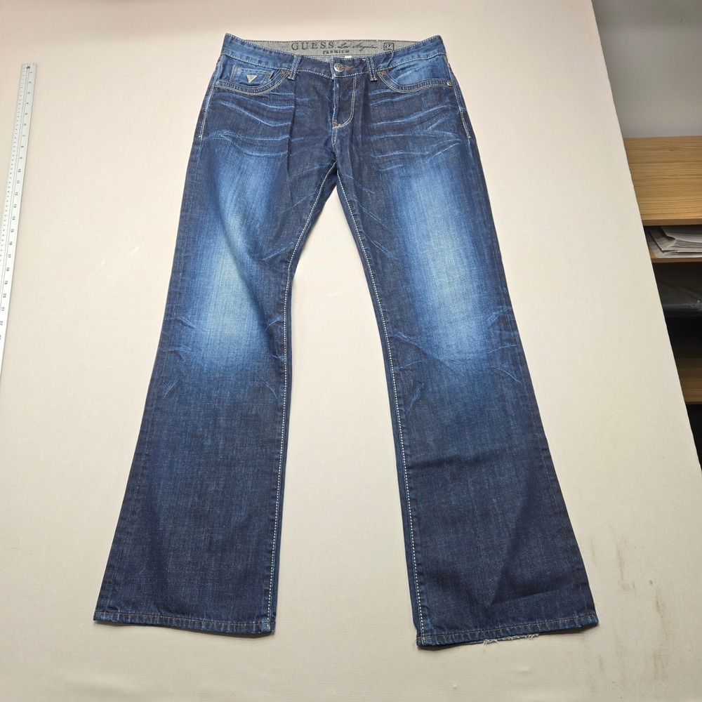 Guess Premium Falcon Slim Boot Jeans Whiskered Faded Blue Mens 34x32